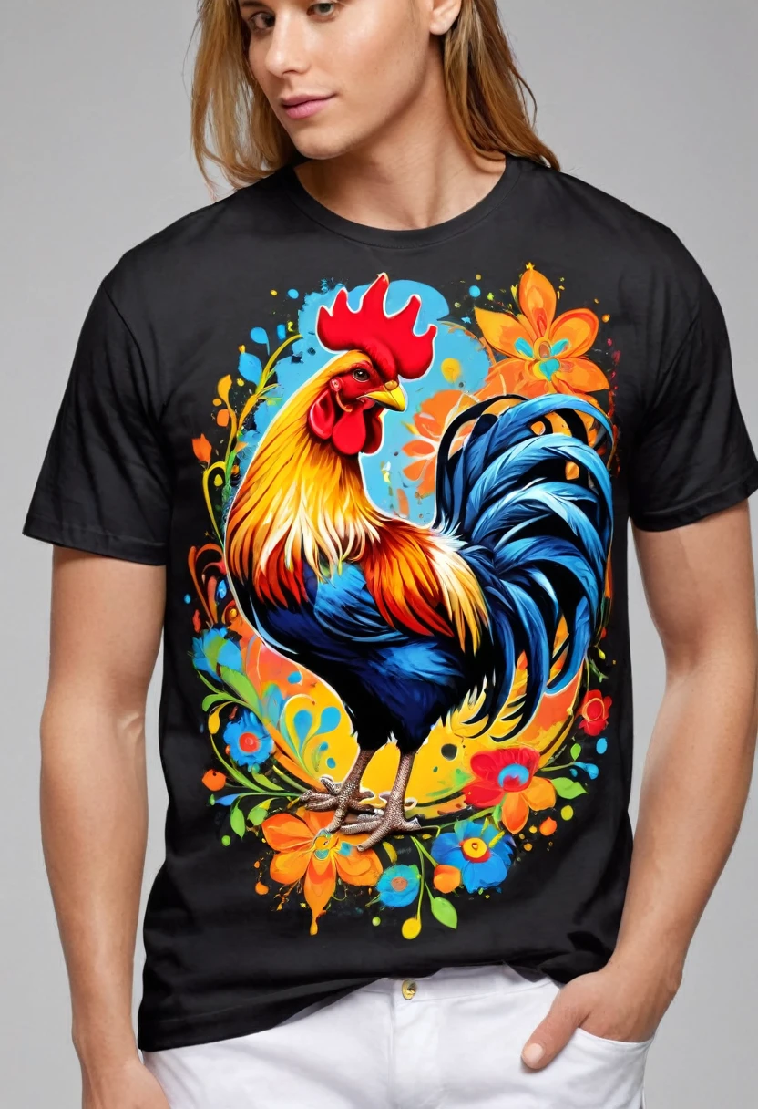 A t-shirt with vector art of a colorful Barcelos rooster illustration , At the center, swirly vibrant colors, paint splashes and smears, high détail, t-shirt designs
(work of art, best qualityer, proffesional, perfect composition, very aesthetic, absurdrez, super verbose, details Intricate:1.3)