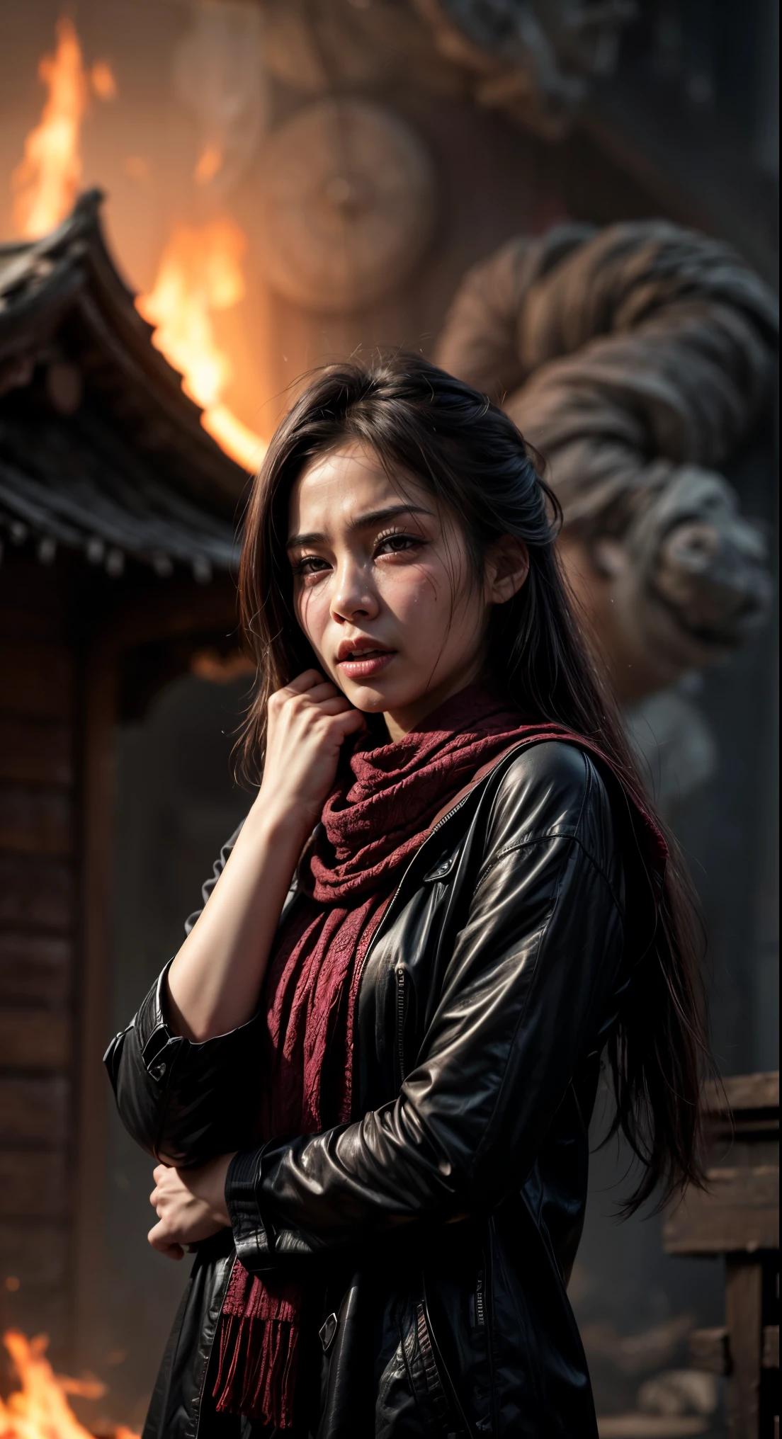 (masterpiece), (hyper realistic),  half body shot, an 18 year old Chinese woman, Crying, sadness, Tears, A maroon scarf around his neck, blood stains on his face and clothes, dinamic lighting, dramatic fire background, full body