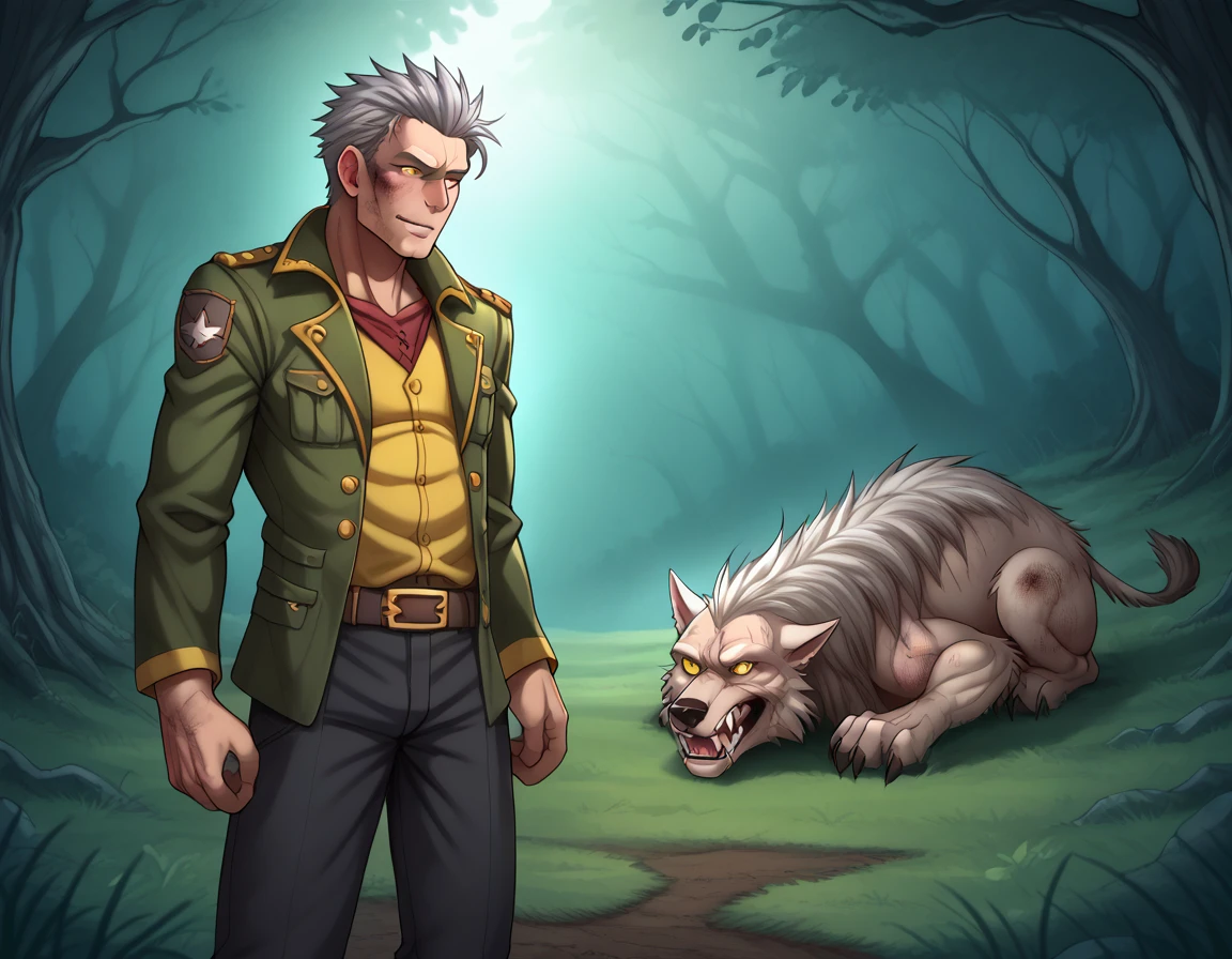 (zPDXL2),  score_9_up, BREAK
werewolf, ((tall), bruises, abrasions, cuts, wounds), (grey hair, Dirty, disheveled hair), (glowing yellow eyes), (dirty grey thorn hunters jacket:1.2), (dark forest, night forest), BREAK
AissistXLv2, unaestheticXL_bp5, SimplePositiveXLv2, zPDXL2 PonyXLV6_Scores