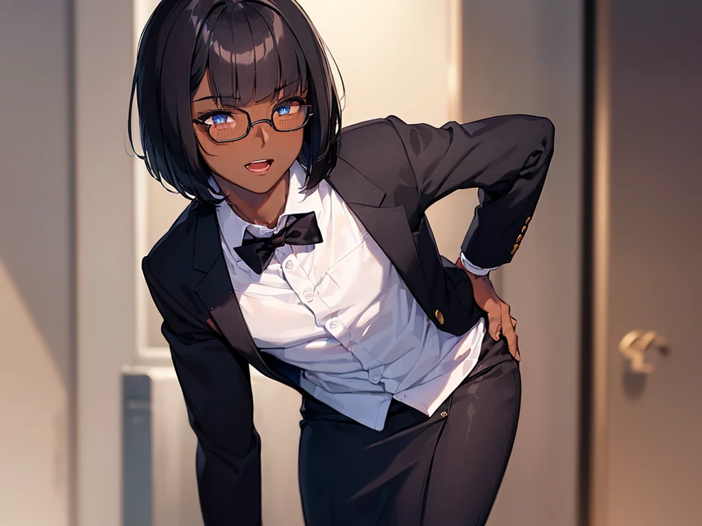 (1 boy:1.5),(dark skin:1.5),(masterpiece:1.2), highest quality, High resolution, unity 8k wallpaper, (fine and beautiful eyes:1.6), highly detailed face, perfect lighting, Detailed CG, (perfect hands, perfect anatomy),20 years old, (black hair:1.3), detailed eyes, best quality, extremely detailed, very precise detailed, (glasses:1.4), , (straight hair:1.5), (evil smile:1.4) ,long sidelocks, (blush:1.3),(very short bowl cut:1.4),(blunt bangs:1.4), (greaming skin:1.3),(bent over:1.4),(flat chest),(business suit),(open mouth),pencil Skirt