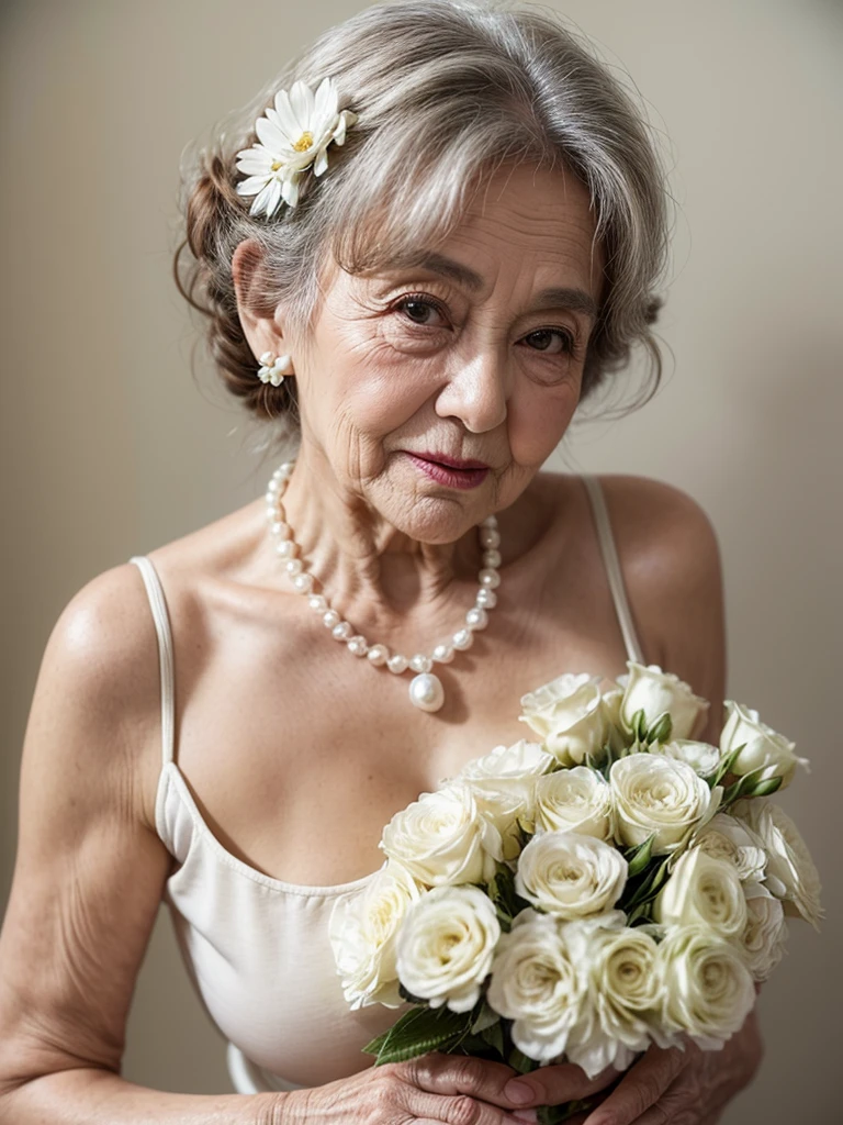 Beautiful elderly woman, cute,sexy,80 years old,,sexy,Wear a pearl necklace, Flowers in her hair, hair bunches, holding a little bunch of white flowers in her hand, posing with flowers, old woman, Ultra big Big saggy soft:1.4, Breasts, Curly Hair, big nipples, mature nipples