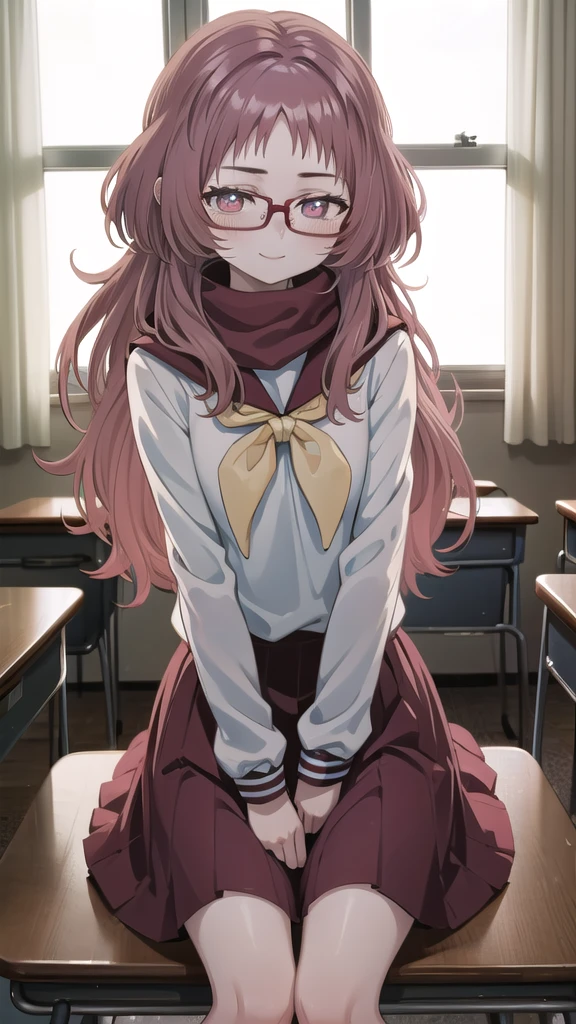 masterpiece, perfect lighting, (beautiful, best quality: 1.3), perfect eyes, absurd, 8k, 1 girl, alone, (absurdities), finely detailed, ai_mie, long hair, red eyes, red hair, red glasses, small breasts , smiling, eyes wide open, looking at viewer, Meaves, Glasses, long hair, Seraphuku, sailor collar, yellow scarf, white shirt, purple eyes, red dress, red hair, classroom, windowside