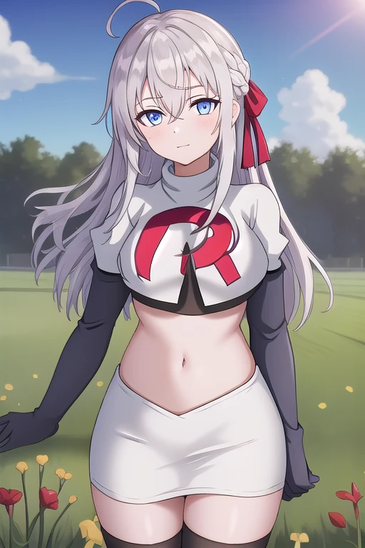 alisa,1girl,solo,long_hair,looking_at_viewer,bangs,blue_eyes,hair_between_eyes,hair_ribbon,ahoge,grey_hair,team rocket,team rocket uniform,white skirt,red letter R,crop top,black thigh-highs,black elbow gloves,flower_field