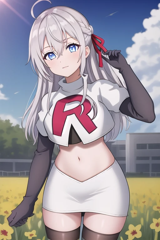 alisa,1girl,solo,long_hair,looking_at_viewer,bangs,blue_eyes,hair_between_eyes,hair_ribbon,ahoge,grey_hair,team rocket,team rocket uniform,white skirt,red letter R,crop top,black thigh-highs,black elbow gloves,flower_field