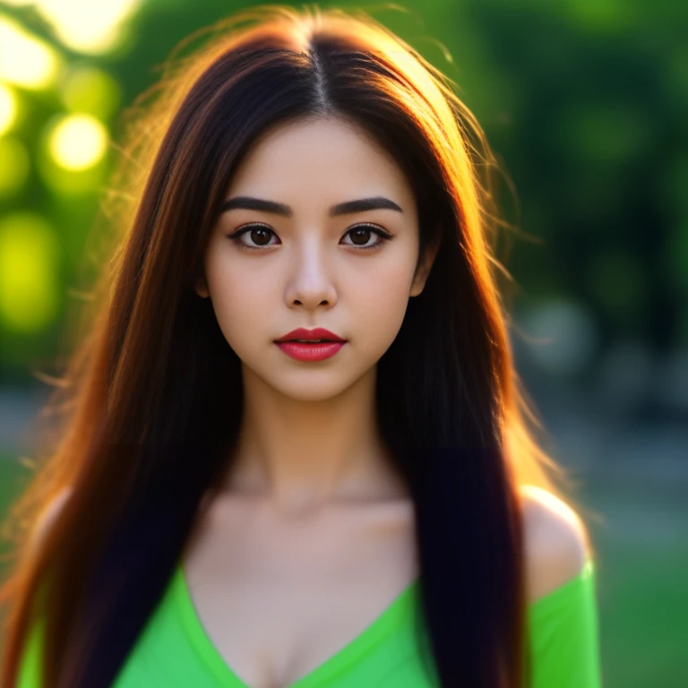 Close-up of a Harafe woman with a round face., long hair, long hairสลวยปลิวขึ้นผมหางม้ายาวไลฟ์long hairมาก,Wear a green shirt, Looking straight at the viewer, young asian woman person with round face, Thai anime, long hairสลวยBig eyes,Big eyes,Double eyelids, black eyes, very large breasts, 38 inches, The chest is round and curved and shiny., abdominal muscles, perfect body, Wear a dark round neck t-shirt., Bright colors, expensive silk, outdoor, Warm light, The morning sun shines beautifully., (digital painting, HDR, high contrast), straight face, face focus), (Highest quality),(Masterpiece:1.3),(sharp focus:1.2),glowing face, (Red cheeks:1.4), ยืนเดินoutdoor, The evening sun shines beautifully and realistically., 