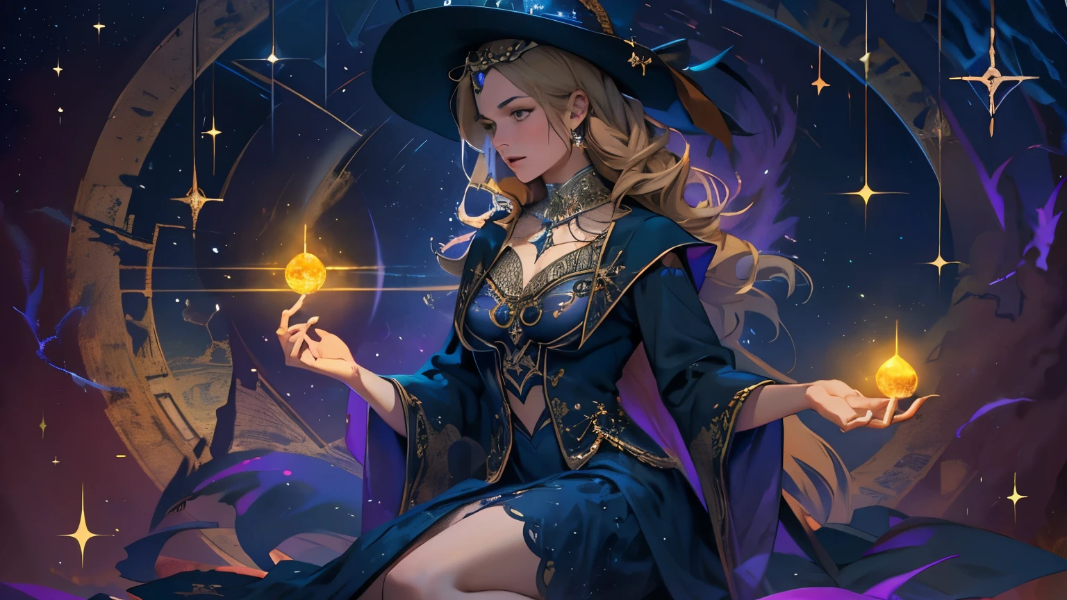 realistic, solo, full body, beautiful woman witch, natural fiber attire, (diadem of power), coat dress, petticoat, natural element jewelry, Visions of heaven and earth, magical wand, exquisite magic on display, Occult setting, sensual aesthetic, Amber to cobalt blue color palette, starry,stars, elemental magic surrounds her