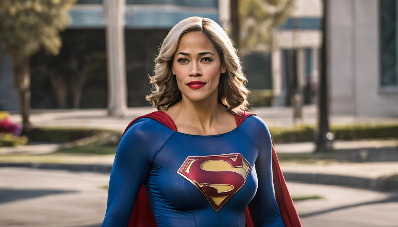 powerful, kind, attractive, smiling and confident; Paula Patton Supergirl 1984s movie costume;  HD. Photograph, ((realism)), extremely high quality RAW photograph, ultra detailed photograph, sharp focus, high resolution, (detailed skin:1,3),high quality, film grain, Fujifilm XT3,Highly Detailed, movie, (Cinematic Photo:1.3) of (Realistic:1.3). Super breasts.