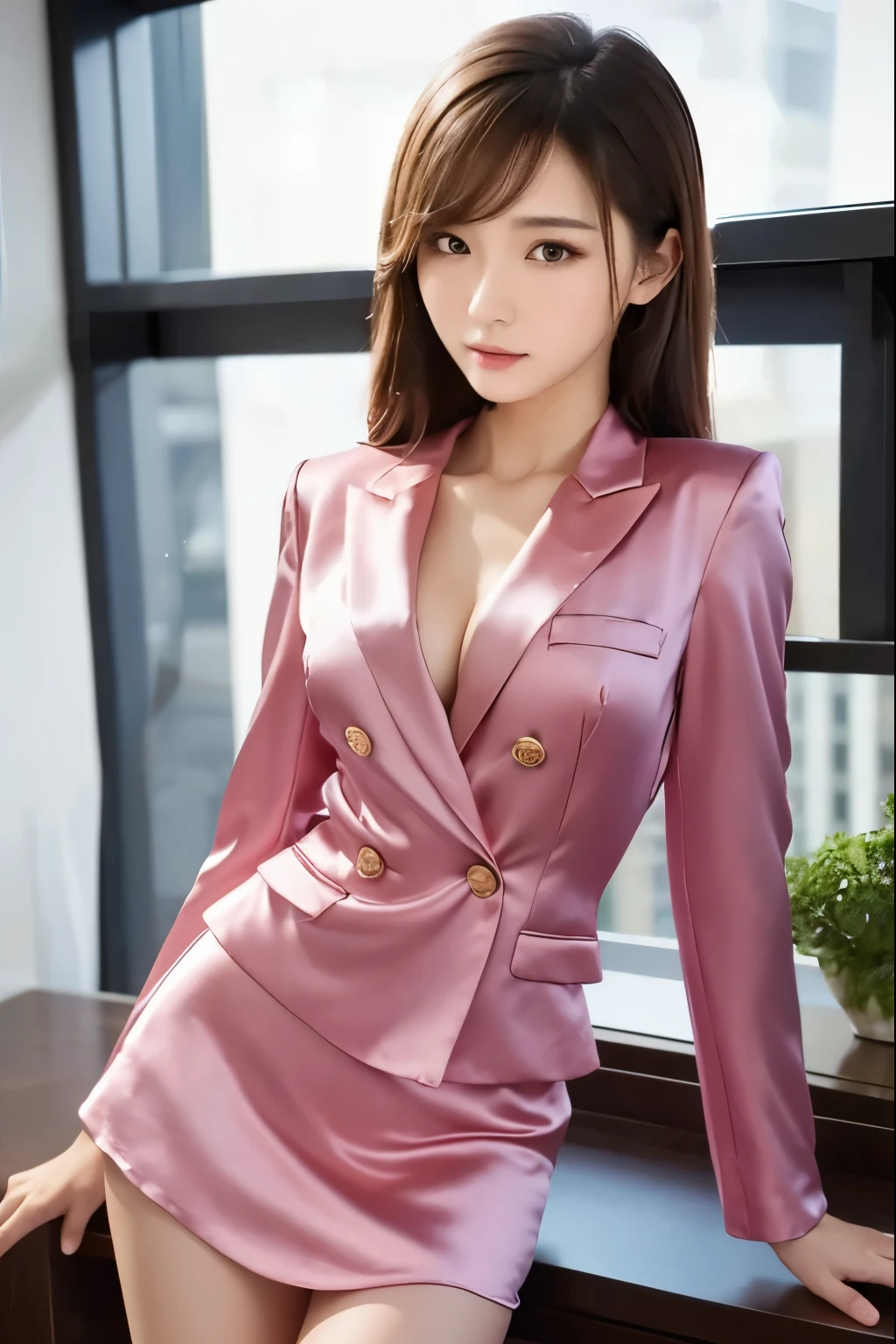 masterpiece、Highest quality、High resolution、Realistic、Beautiful Skin、Slender Style、Slim style、Small breasts、Full Body Shot、formal,pink、 satin silk suit、Double breasted blazer、Satin silk tight skirt、 (Detailed clothing features)、
