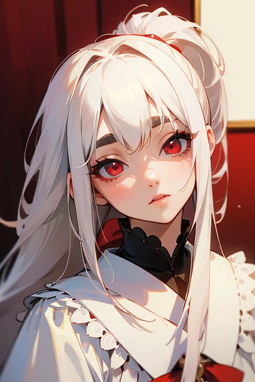 (Highest quality, masterpiece:1.2), High resolution, Very detailed, Realistic:1.37, Fantasy, An illustration, Hair is whiteいです、Red eyes、Queen, White Dress.Platinum decoration、美Successfully、Eyeshadow Red、Thick eyebrows、Long eyelashes、pupils are black、Hair is whiteい、Kissing Face、Embarrassing、loved、ponytail、Hair is white、Rin々Successfully、(Mature)、((Looking up))