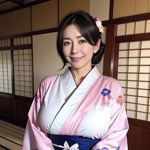 The most beautiful moms in Japan(Huge)、Wear a kimono that is open at the front、Traditional Japanese room、Huge breasts that are too big and saggy、January、With a smile、New Year Greetings