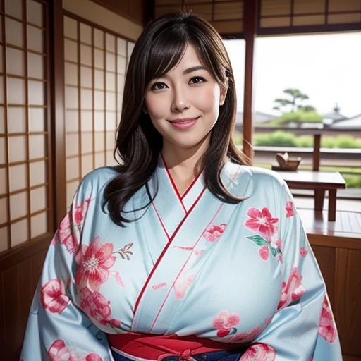 The most beautiful moms in Japan(Huge)、Wear a kimono that is open at the front、Traditional Japanese room、Huge breasts that are too big and saggy、January、With a smile、New Year Greetings