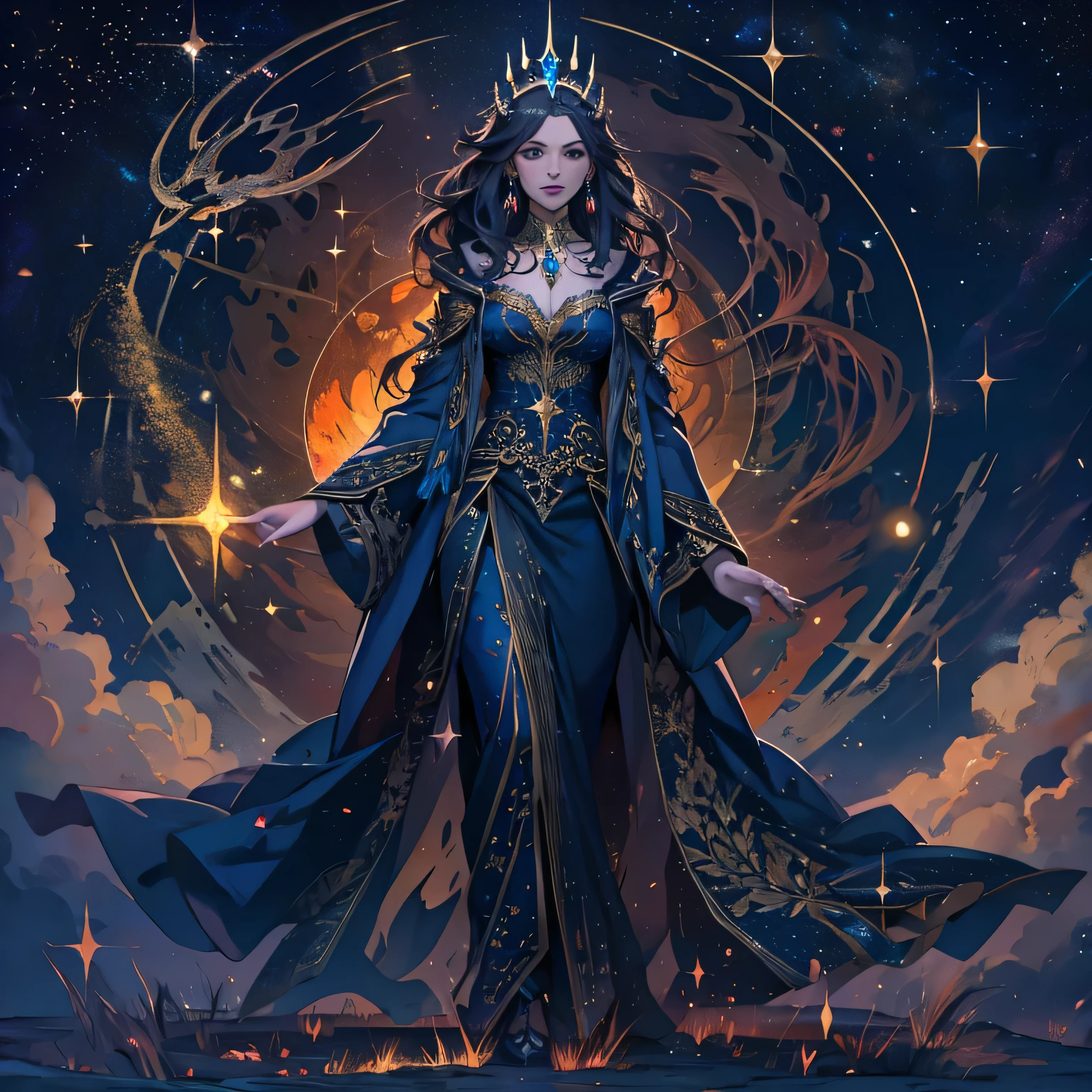 realistic, solo, full body, beautiful woman witch, natural fiber attire, (diadem of power), coat dress, petticoat, natural element jewelry, Visions of heaven and earth, magical wand, exquisite magic on display, Occult setting, sensual aesthetic, Amber to cobalt blue color palette, starry,stars, elemental magic surrounds her