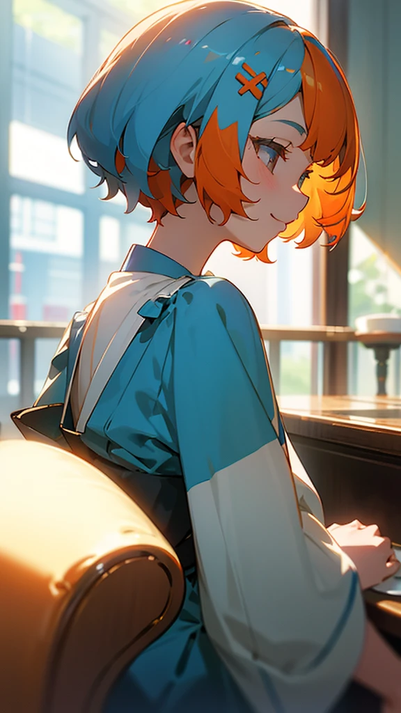 １girl、Light blue hair、Bobcut、Orange hair ornament、Dark Eyes、smile、profile、Face close-up、Morning Cafe Terrace、Background blur, Written boundary depth