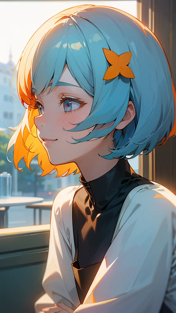 １girl、Light blue hair、Bobcut、Orange hair ornament、Dark Eyes、smile、profile、Face close-up、Morning Cafe Terrace、Background blur, Written boundary depth