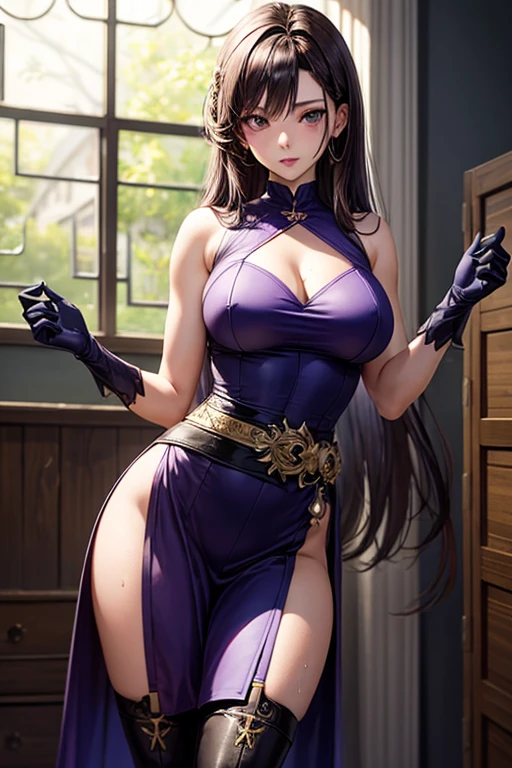 masterpiece, Highest quality, Unreal Engine, Super Resolution, Very detailed,
1 Girl, malaria, Quiz Magic Academy, Waist, thin, (Muscular:0.8), Round Breasts, Big Breasts, bold, Lips parted, Observe the audience,
Are standing, Sexy pose, Waistショット,
Simple background anime style, Key Visual,
malaria, (Purple long hair), Purple Dress, dress skirt, Purple long gloves, Black long boots, Sticky with sweat,