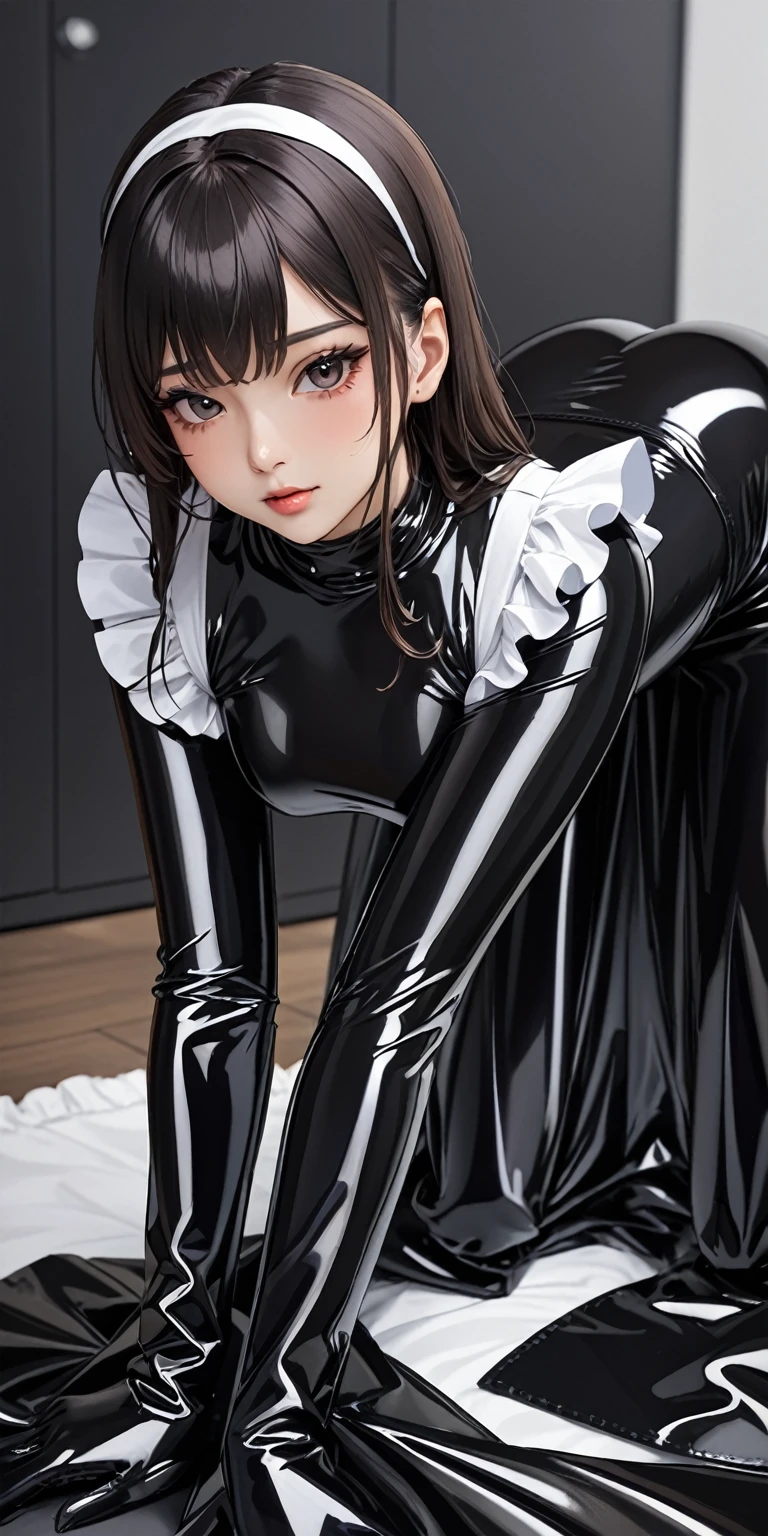 Portraiture、All fours pose with hips raised、(masterpiece,Highest quality,Ultra-high resolution),Japanese women, (((Very beautiful 25 year old girl))),(Latex Maid Clothing)、((Latex Long Skirt))、(A long-sleeved latex shirt that covers the upper body)、Latex gloves、Latex socks、Latex bodysuit、Frills、The clothes fit snugly to the body、Latex is very shiny、Dark Room、