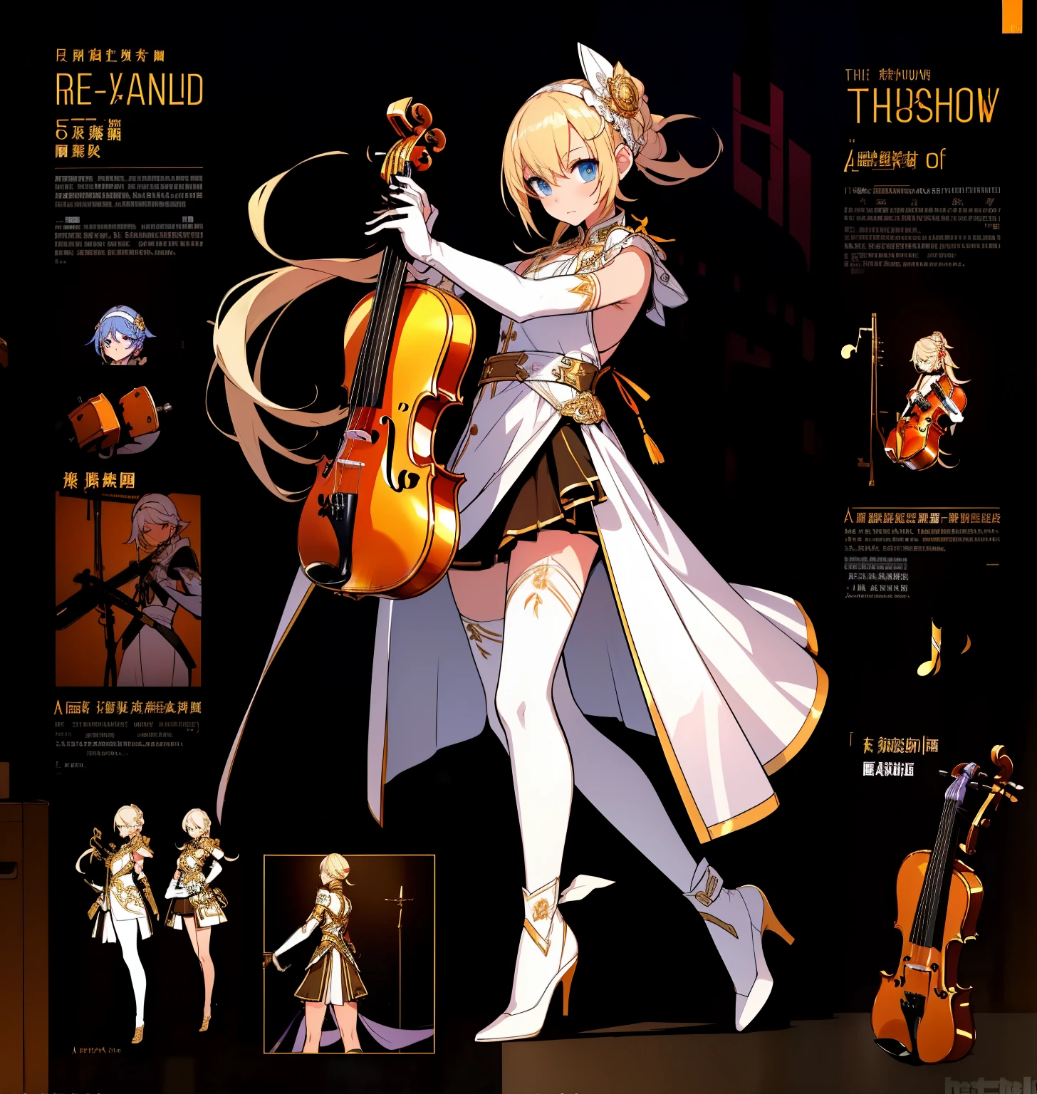 Show game characters, A female musician，(1 Girl). （gold：0.4，White：0.8）clothing, Stylish and unique, ((Displaying musical instruments:1.4)), 一把魔法般的violin，不仅是演奏的masterpiece，It is also a weapon of battle, (masterpiece:1.2), (best quality), 4K, Extremely detailed, (Step-by-step design, The Art of Layout:1.5), (Luminous lighting, Atmospheric lighting), Final Fantasy Style, virtuoso，Musical notes, ((glove full hands)), Belief, (((暴露的clothing:1.3))),Exquisite playing gloves, Armored Legs, (((full_Body_shooting:1.4)))，violin