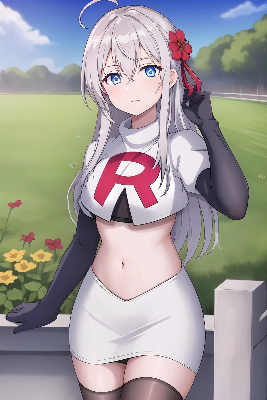 alisa,1girl,solo,long_hair,looking_at_viewer,bangs,blue_eyes,hair_between_eyes,hair_ribbon,ahoge,grey_hair,team rocket,team rocket uniform,white skirt,red letter R,crop top,black thigh-highs,black elbow gloves,flower_field