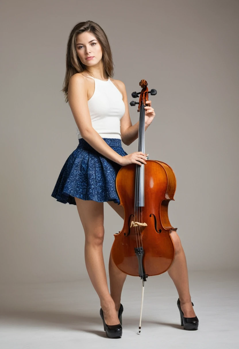 Beautiful woman in a mini skirt playing the cello, Full body portrait