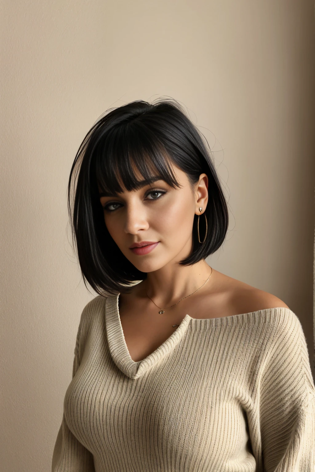 style:absolute | 1girl in, 50 yo, from israel very pretty sexy well-groomed woman as a 45_old woman, glamur big hips, tan_skin, oiled_body, pouting lips, short black hair short, black short hair bangs, slicked_hair, spanish, greek,czarny sweater with a large neckline , highly-detailed, , thick_lips, lush_lashes, , almond_eyes, cleavage Big breast