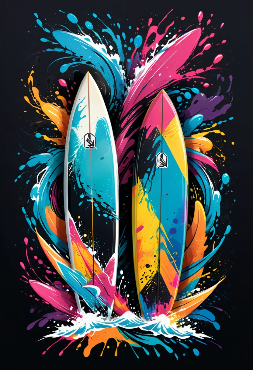 A black t-shirt with vector art of a colorful illustration with two surfboards crossed, At the center, swirly vibrant colors, paint splashes and smears, high détail, t-shirt
(work of art, best qualityer, proffesional, perfect composition, very aesthetic, absurdrez, super verbose, details Intricate:1.3)