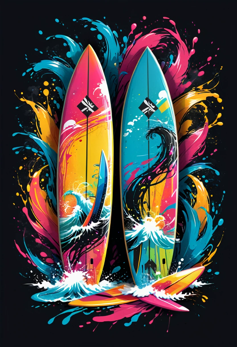 A black t-shirt with vector art of a colorful illustration with two surfboards crossed, At the center, swirly vibrant colors, paint splashes and smears, high détail, t-shirt
(work of art, best qualityer, proffesional, perfect composition, very aesthetic, absurdrez, super verbose, details Intricate:1.3)