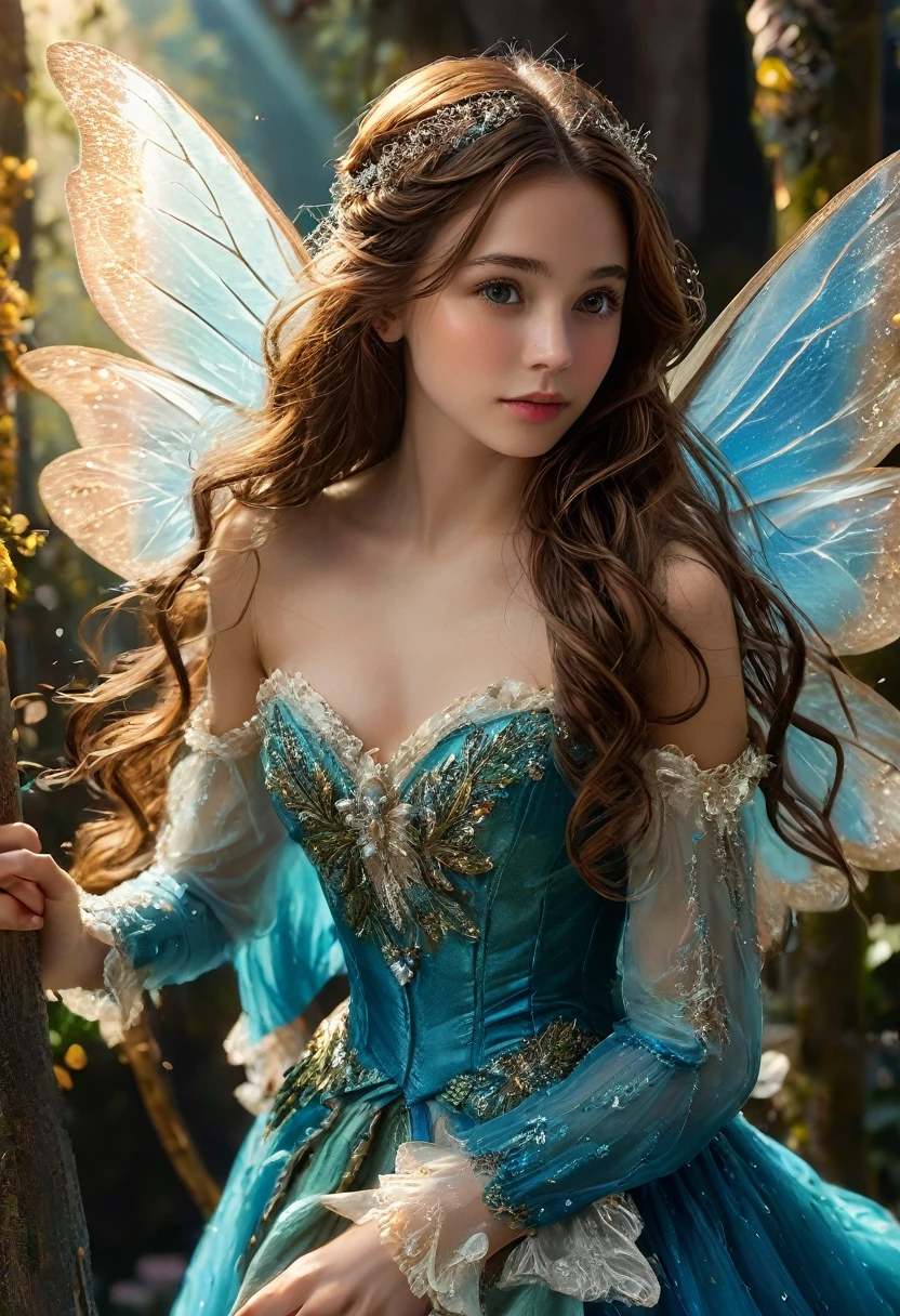 (character,20-year-old girl,adventurous fairy,beautiful,happy,brown hair,long hair),(best quality,4k,8k,highres,masterpiece:1.2),ultra-detailed,(realistic,photorealistic,photo-realistic:1.37),fantasy,portrait,vibrant colors,soft lighting,detailed face,detailed eyes,detailed lips,detailed skin,detailed clothes,detailed accessories,detailed background,cinematic,dramatic lighting,magical,whimsical