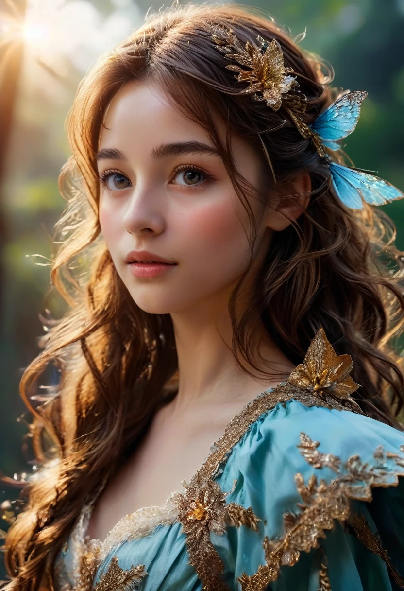 (character,20-year-old girl,adventurous fairy,beautiful,happy,brown hair,long hair),(best quality,4k,8k,highres,masterpiece:1.2),ultra-detailed,(realistic,photorealistic,photo-realistic:1.37),fantasy,portrait,vibrant colors,soft lighting,detailed face,detailed eyes,detailed lips,detailed skin,detailed clothes,detailed accessories,detailed background,cinematic,dramatic lighting,magical,whimsical