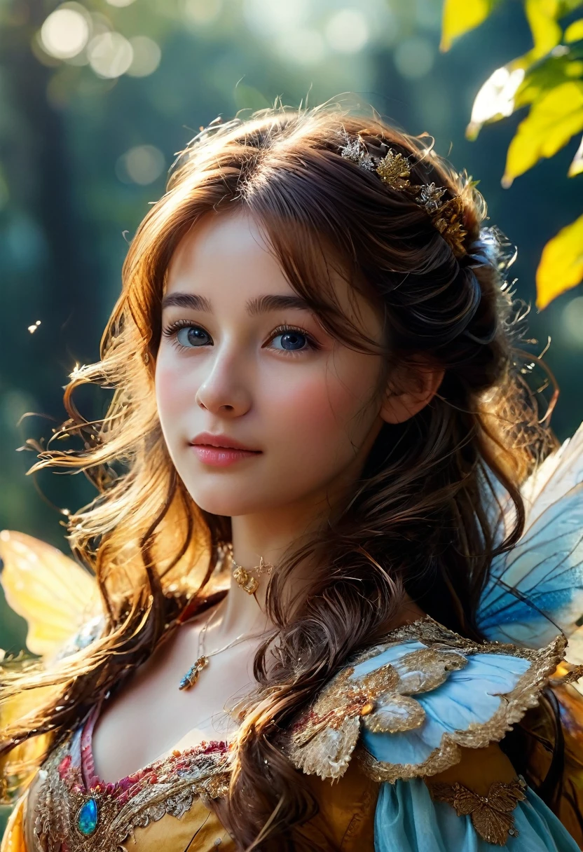 (character,20-year-old girl,adventurous fairy,beautiful,happy,brown hair,long hair),(best quality,4k,8k,highres,masterpiece:1.2),ultra-detailed,(realistic,photorealistic,photo-realistic:1.37),fantasy,portrait,vibrant colors,soft lighting,detailed face,detailed eyes,detailed lips,detailed skin,detailed clothes,detailed accessories,detailed background,cinematic,dramatic lighting,magical,whimsical
