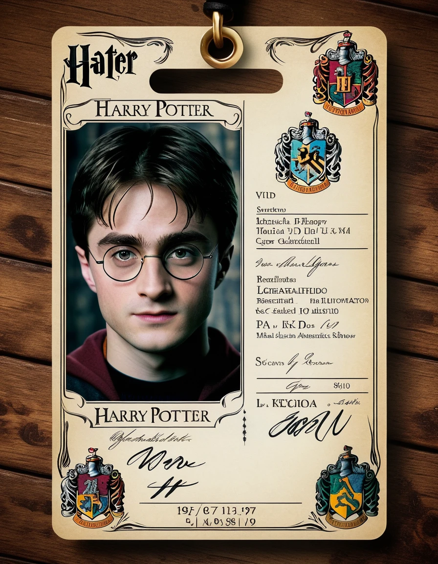 A highly detailed Harry Potter ID card, photorealistic, hyper-realistic, intricate details, 4k, 8k, hyperdetailed, sharp focus, realistic lighting, volumetric lighting, dynamic shadows, depth of field, high-quality paper texture, holographic effect, Hogwarts seal, wand, magic, gryffindor, wizard robes, parchment, calligraphy, studio lighting, ultra-detailed, masterpiece