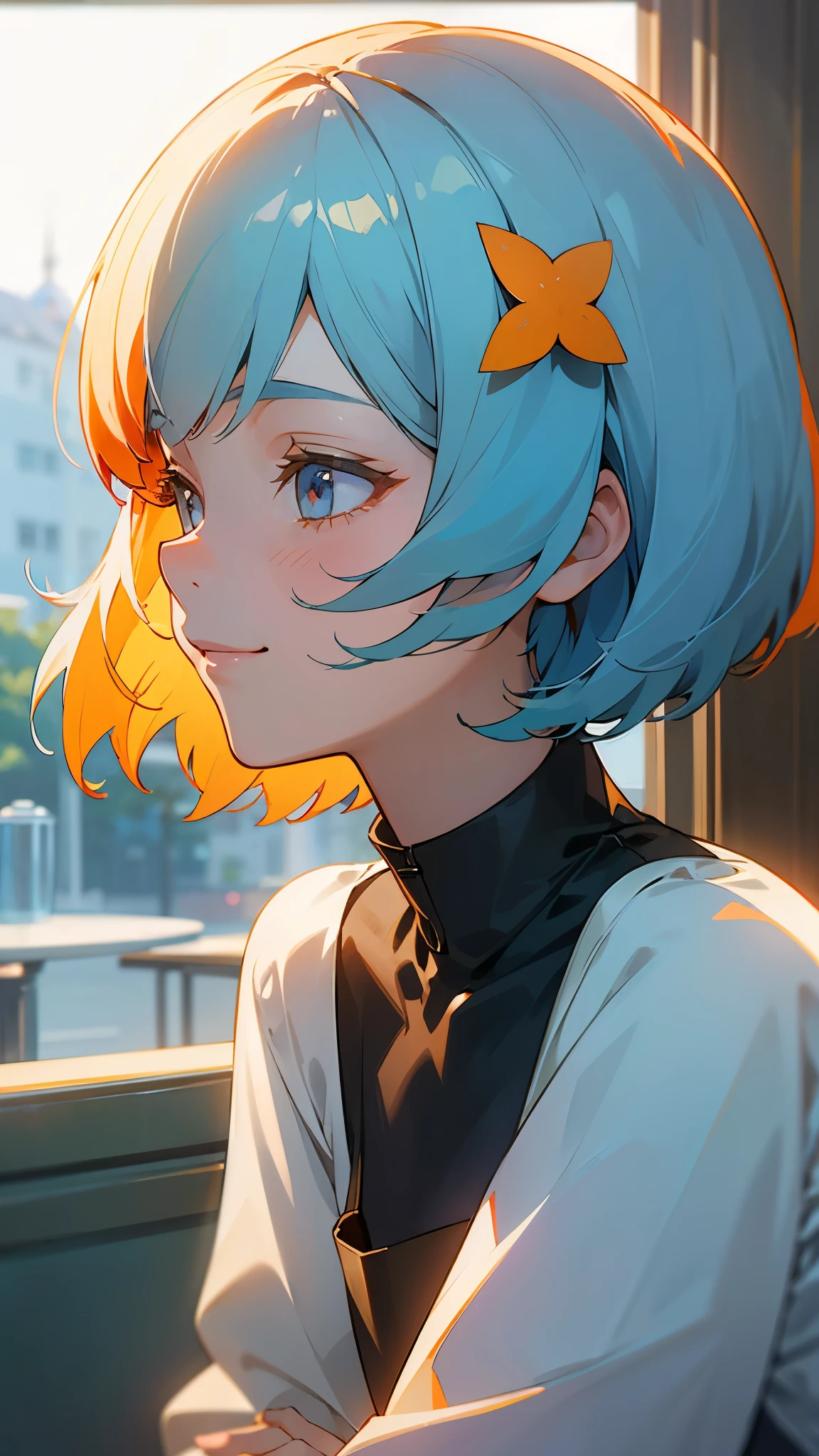 1girl、Light blue hair、Bobcut、Orange hair ornament、Dark Eyes、smile、profile、Face close-up、Morning Cafe Terrace、Background blur, Written boundary depth