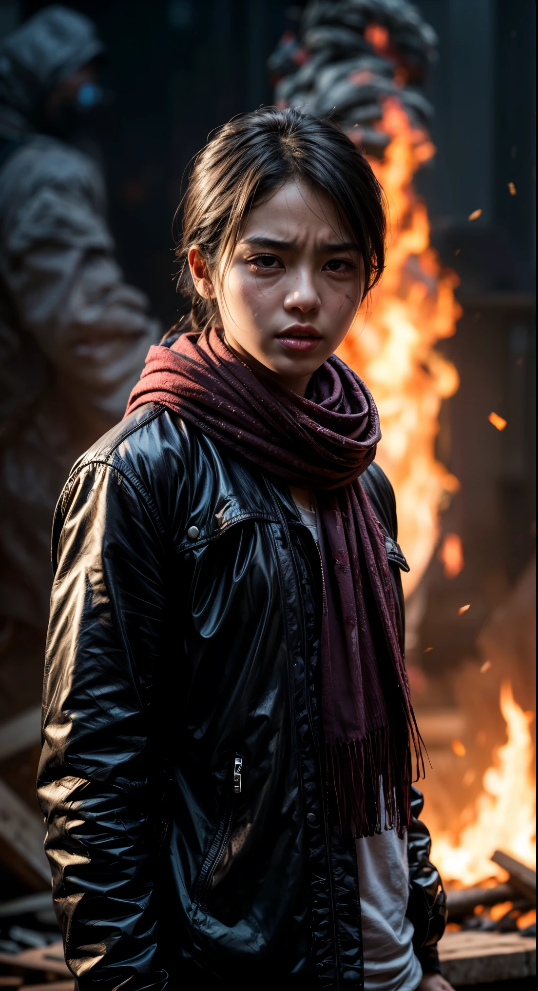 (masterpiece), (hyper realistic),  half body shot, an 18 year old Chinese woman, Crying, sadness, Tears, A maroon scarf around his neck, blood stains on his face and clothes, dinamic lighting, dramatic fire background, full body