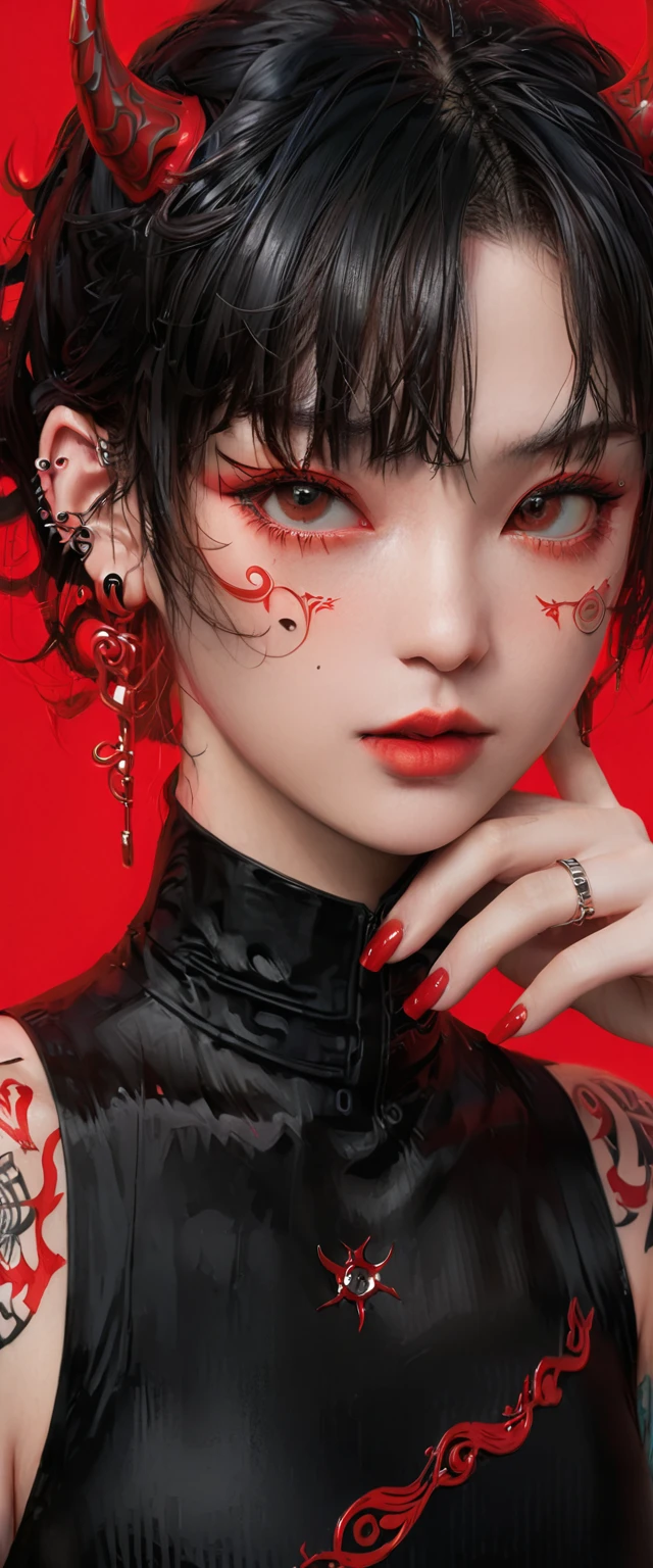 best quality,highres,extreme detail description,Professional,Studio lighting,a character with a dark,wavy hairstyle adorned with red horns,The character has a tattooed face,with intricate designs covering their cheeks,forehead,and neck,They are wearing a black outfit with red accents,and their fingers are covered in multiple rings,The background is a vibrant red,and the overall style of the image is reminiscent of fantasy or anime art,