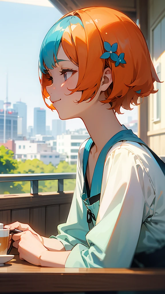 1girl、Light blue hair、Bobcut、Orange hair ornament、Dark Eyes、smile、profile、Face close-up、Morning Cafe Terrace、Background blur, Written boundary depth