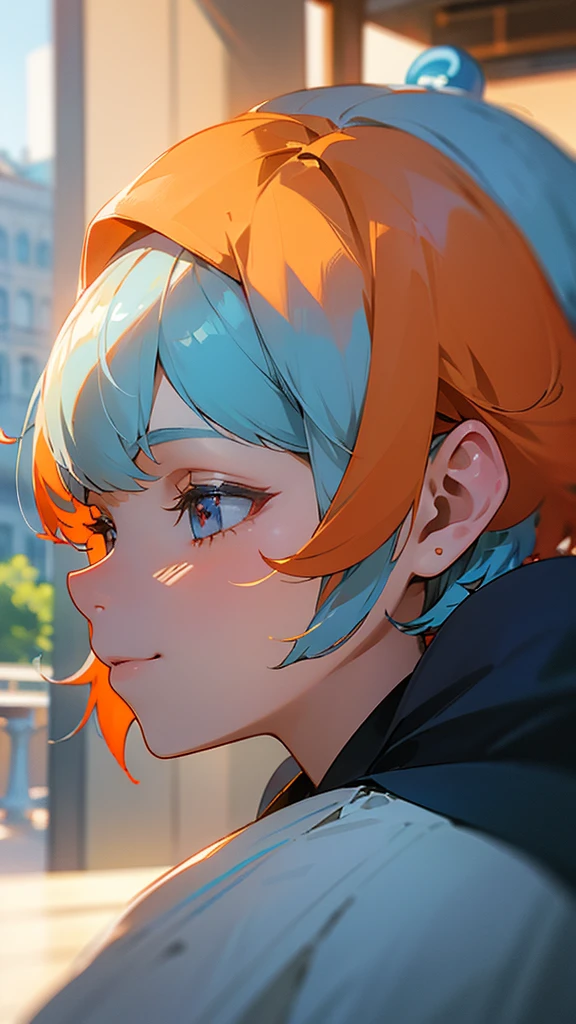 1girl、Light blue hair、Bobcut、Orange hair ornament、Dark Eyes、smile、profile、Face close-up、Morning Cafe Terrace、Background blur, Written boundary depth