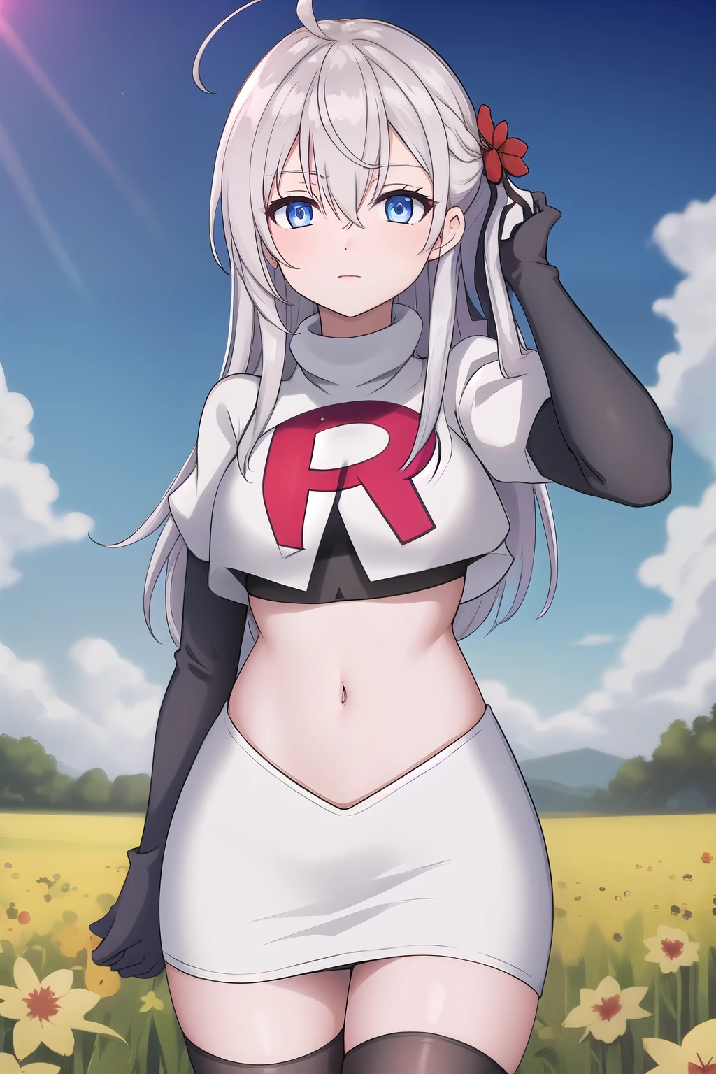 alisa,1girl,solo,long_hair,looking_at_viewer,bangs,blue_eyes,hair_between_eyes,hair_ribbon,ahoge,grey_hair,team rocket,team rocket uniform,white skirt,red letter R,crop top,black thigh-highs,black elbow gloves,flower_field
