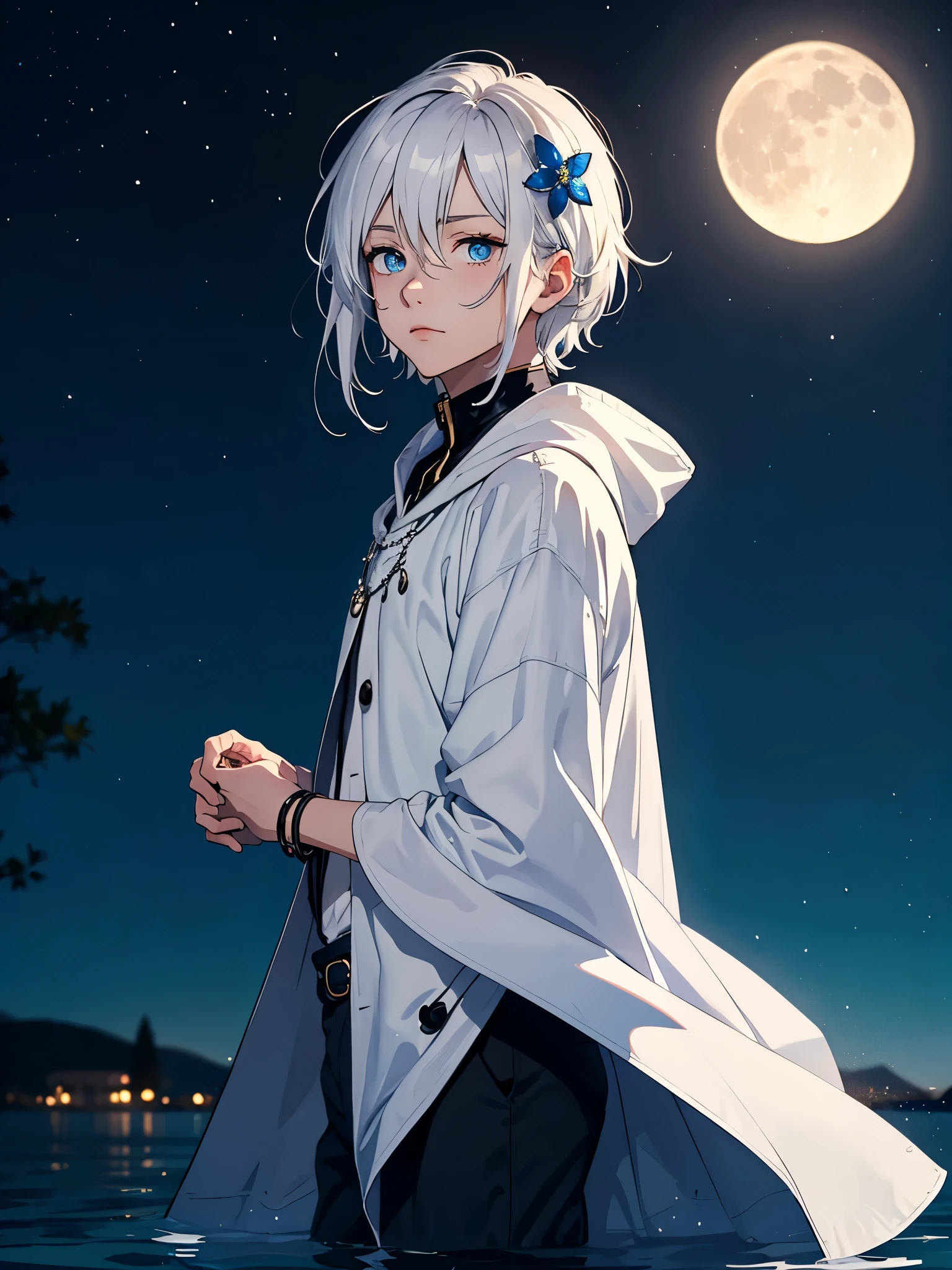 Sehr Lange haare. Mehr anime. aquatic, boy, Goddess of the Moon, silver hair accessories, White hair, White dress, cape, at night, saturated colors, light eyes, bright, light blue light, blue eyes, Jewelry silver, bluish light, Full moon in the background, aquatic in der Luft rosa kerzen