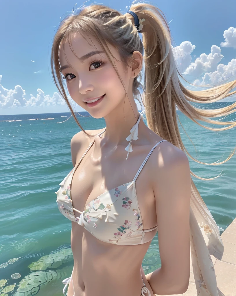 (Highest quality, 32k, High resolution, Masterpiece:1.5), marimo_jet, god々A photograph with brilliant dazzling and healing power., Evoking a sense of calm and elusive beauty, Expressing emotions, Have a rich imagination, Beautiful Japanese Girls, An exceptionally beautiful face, Small Face Beauty, , Perfect Human Anatomy, Magical big eyes, Motherhood and generosity, Deep Love, fleeting smile, (Shiny beige hair:1.2), ((Ponytail swaying in the wind:1.3)), Asymmetrical bangs, Hair between the eyes, Transparent, soft white skin, Sharp eyebrows, Thin lashes, Natural Makeup, ((White floral bikini:1.4)), High resolutionの完璧な鎖骨, High resolutionの美しい胸元, Slim figure with ample , High resolutionの美しい太もも, ((Distant Horizon:1.5)), ((The land stretches to the horizon:1.3)), ((The earth reflects the sky like a mirror:1.3)), Beautiful detailed blue sky, Professional photographer, Professional Lighting, Professional models