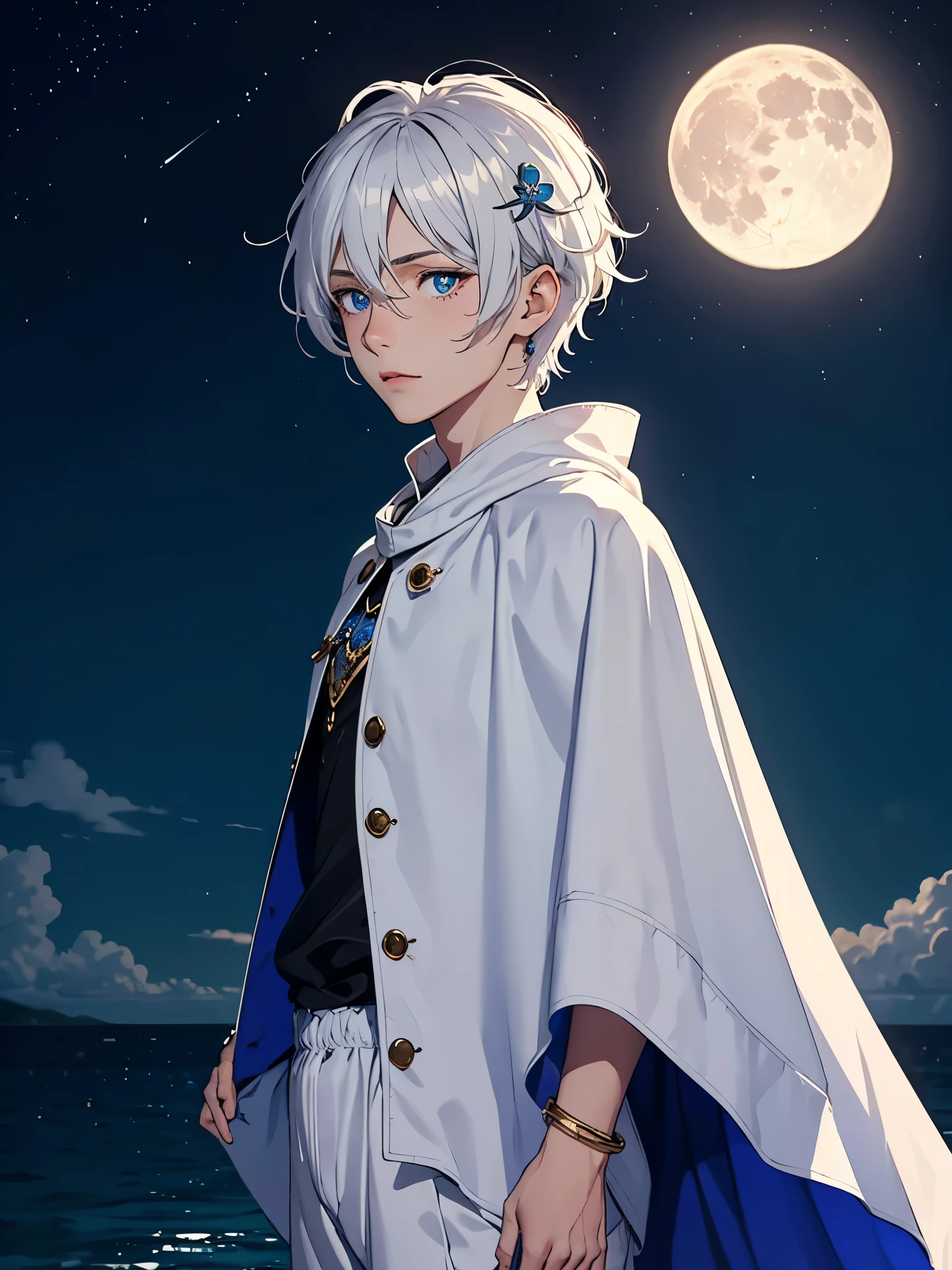 Sehr Lange haare. Mehr anime. aquatic, boy, Goddess of the Moon, silver hair accessories, White hair, White dress, cape, at night, saturated colors, light eyes, bright, light blue light, blue eyes, Jewelry silver, bluish light, Full moon in the background, aquatic in der Luft rosa kerzen