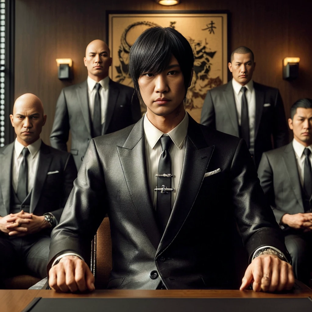 Yakuza with a side bangs, wearing a black suit, sitting with his friend, a bald yakuza in a black suit, the two of them are sitting in a meeting room, their four bodyguards are standing behind them wearing black suits, the background is a yakuza meeting room with brown walls , black tables, and yakuza-style decorations, cinematic, realistic, detailed face, very detailed, 4k