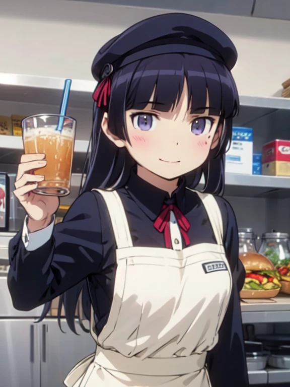 (Ultra-high resolution), (masterpiece), (Attention to detail), (high quality), (最high quality), ((Upper Body Shot)) , One Girl, Generate an image of a female employee working in a bright and clean fast food restaurant。she、Red uniform shirt, (cap), Name tag, wearing an apron。In the background of the store、counter, cash register, Menu Board, There is a drink dispenser、Serve customers with a smile。