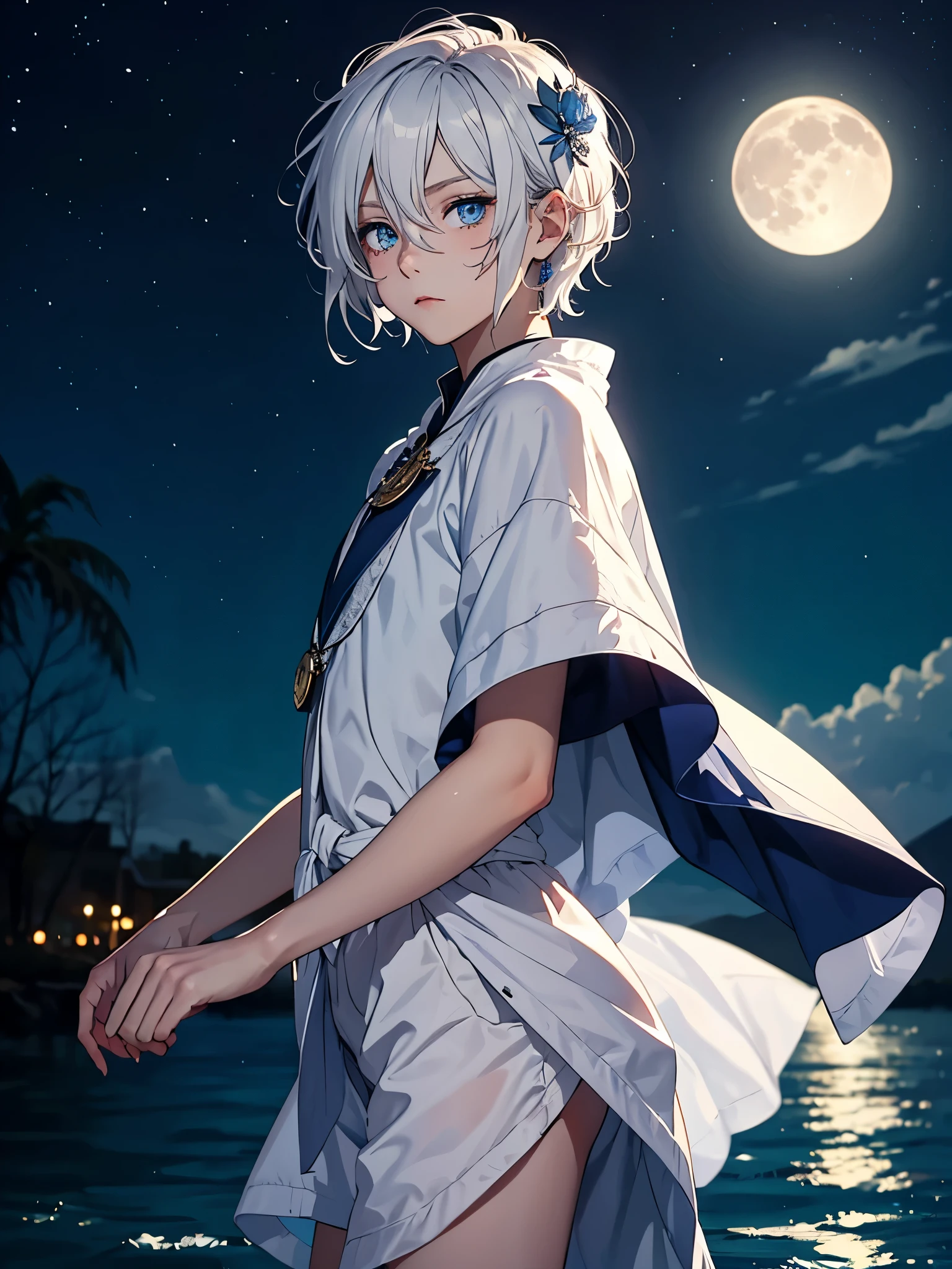 Sehr Lange haare. Mehr anime. aquatic, boy, Goddess of the Moon, silver hair accessories, White hair, White dress, cape, at night, saturated colors, light eyes, bright, light blue light, blue eyes, Jewelry silver, bluish light, Full moon in the background, aquatic in der Luft rosa kerzen