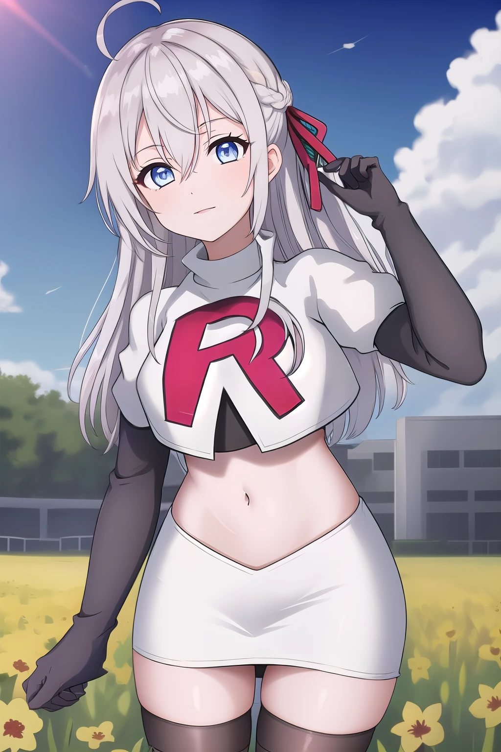 alisa,1girl,solo,long_hair,looking_at_viewer,bangs,blue_eyes,hair_between_eyes,hair_ribbon,ahoge,grey_hair,team rocket,team rocket uniform,white skirt,red letter R,crop top,black thigh-highs,black elbow gloves,flower_field
