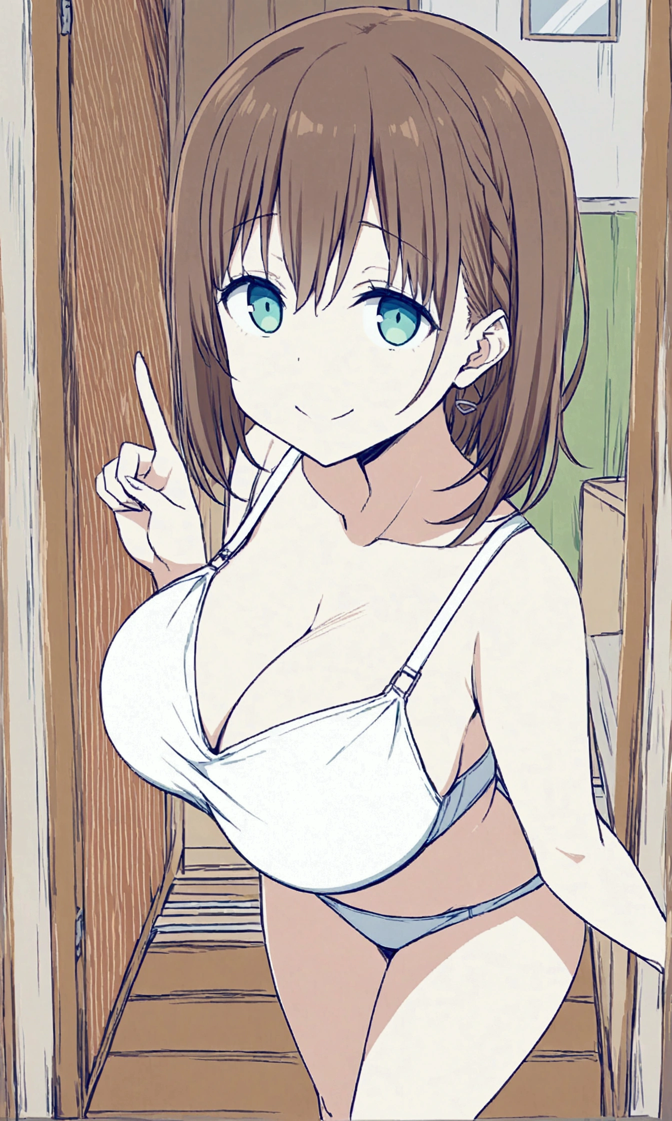 Tawawa on Monday,Ai-chan,Big Breasts,White bra,White panties,whole body,standing,shoot from side,source_アニメ, 1girl, solo,brown hair, cyan eyes,naughty face,Garbage house,finely detailed beautiful face,high quality,アニメ,beautiful,High resolution,アニメ color,{{{{8K_wallpaper}}}},{{{masterpiece}}},{{{{extremely detailed eyes}}}},{{{{extremely detailed body}}}},{{{{extremely detailed finger}}}}