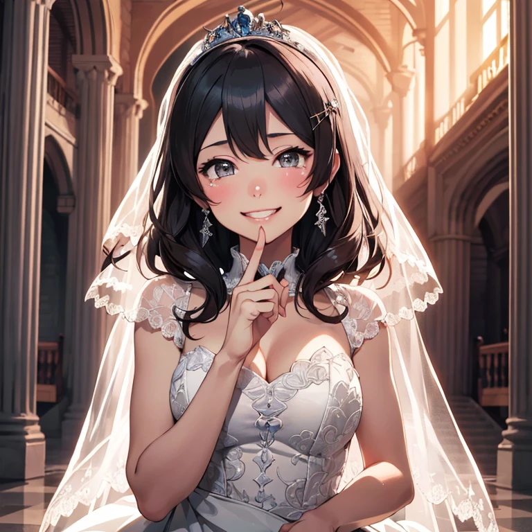 oyashio,hairclip,(masterpiece:1.4),(best quality:1.4), (amazing), (great illustration:1.4), (ultra-detailed:1.4), (art CG, 8K),1girl solo,
princess line wedding dress,(Happy Smile:1.4),(cry:1.2),