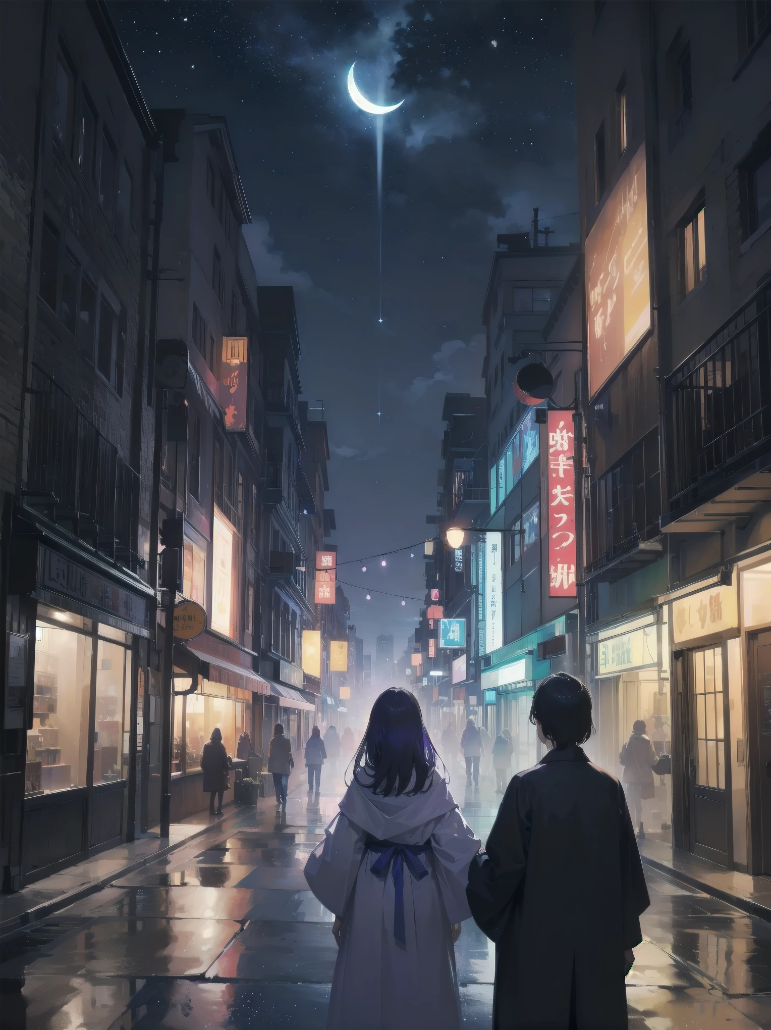 masterpiece, 8K, Highest quality, Very detailed, Purple & Blue magical robe with a moon motif、(building, city、A dense fog of fluorescent particles、1800Era、Western style、Fiction、grow、Overwhelming、Detailed street)