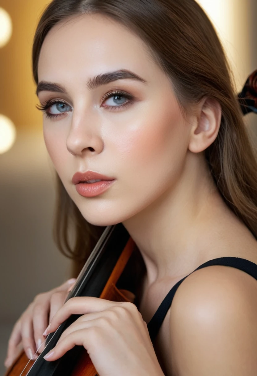 a young woman in a mini skirt playing a cello, detailed portrait, medium shot, beautiful detailed eyes, beautiful detailed lips, extremely detailed face and features, long eyelashes, elegant pose, graceful fingers, fine details on the cello, (best quality,4k,8k,highres,masterpiece:1.2),ultra-detailed,(realistic,photorealistic,photo-realistic:1.37),professional oil painting,warm lighting,vibrant colors,dramatic composition