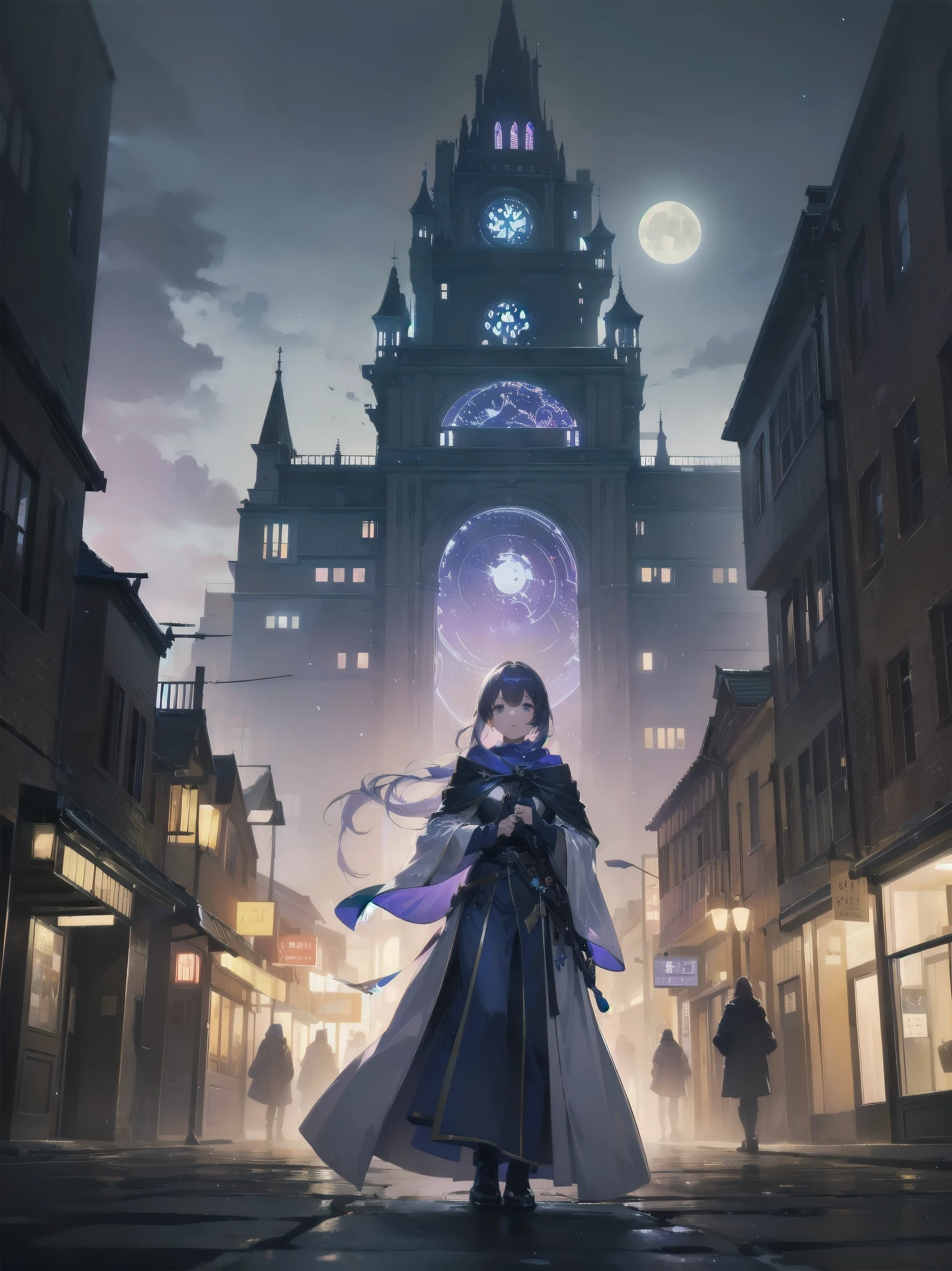 masterpiece, 8K, Highest quality, Very detailed, Purple & Blue magical robe with a moon motif、(building, city、A dense fog of fluorescent particles、１８００Era、Western style、Fiction、grow、Overwhelming、Detailed street）