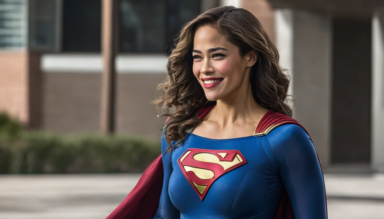 powerful, kind, attractive, smiling and confident; Paula Patton Supergirl 1984s movie costume;  HD. Photograph, ((realism)), extremely high quality RAW photograph, ultra detailed photograph, sharp focus, high resolution, (detailed skin:1,3),high quality, film grain, Fujifilm XT3,Highly Detailed, movie, (Cinematic Photo:1.3) of (Realistic:1.3). Super breasts.