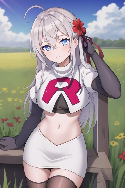 alisa,1girl,solo,long_hair,looking_at_viewer,bangs,blue_eyes,hair_between_eyes,hair_ribbon,ahoge,grey_hair,team rocket,team rocket uniform,white skirt,red letter R,crop top,black thigh-highs,black elbow gloves,flower_field